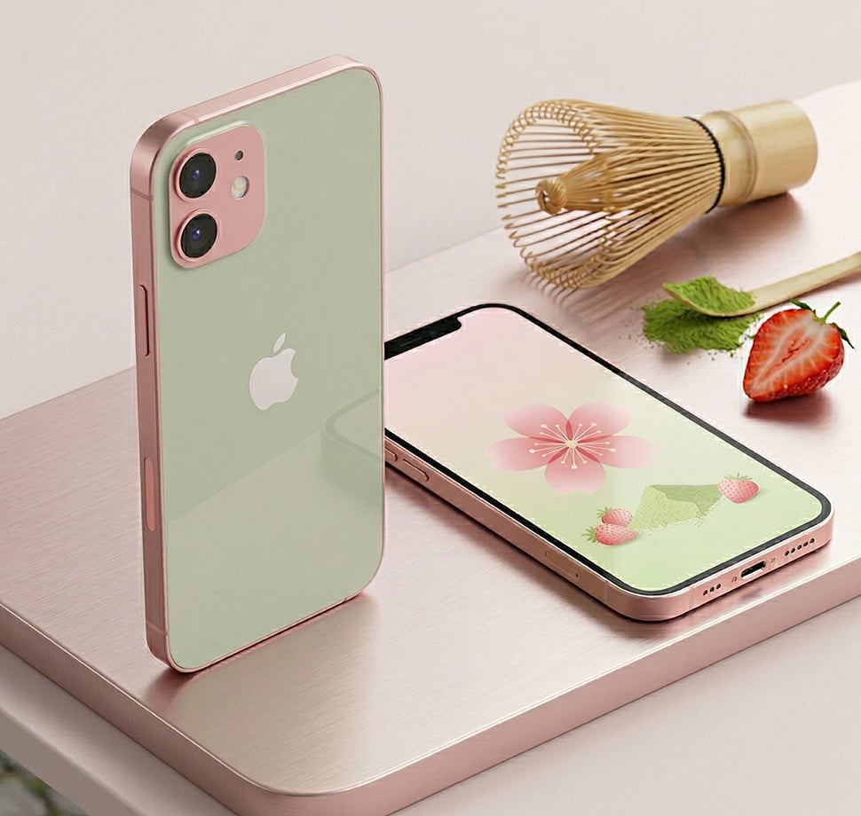 iPhone in Strawberry Matcha Farbe, mit Erdbeere und Matcha Pulver.