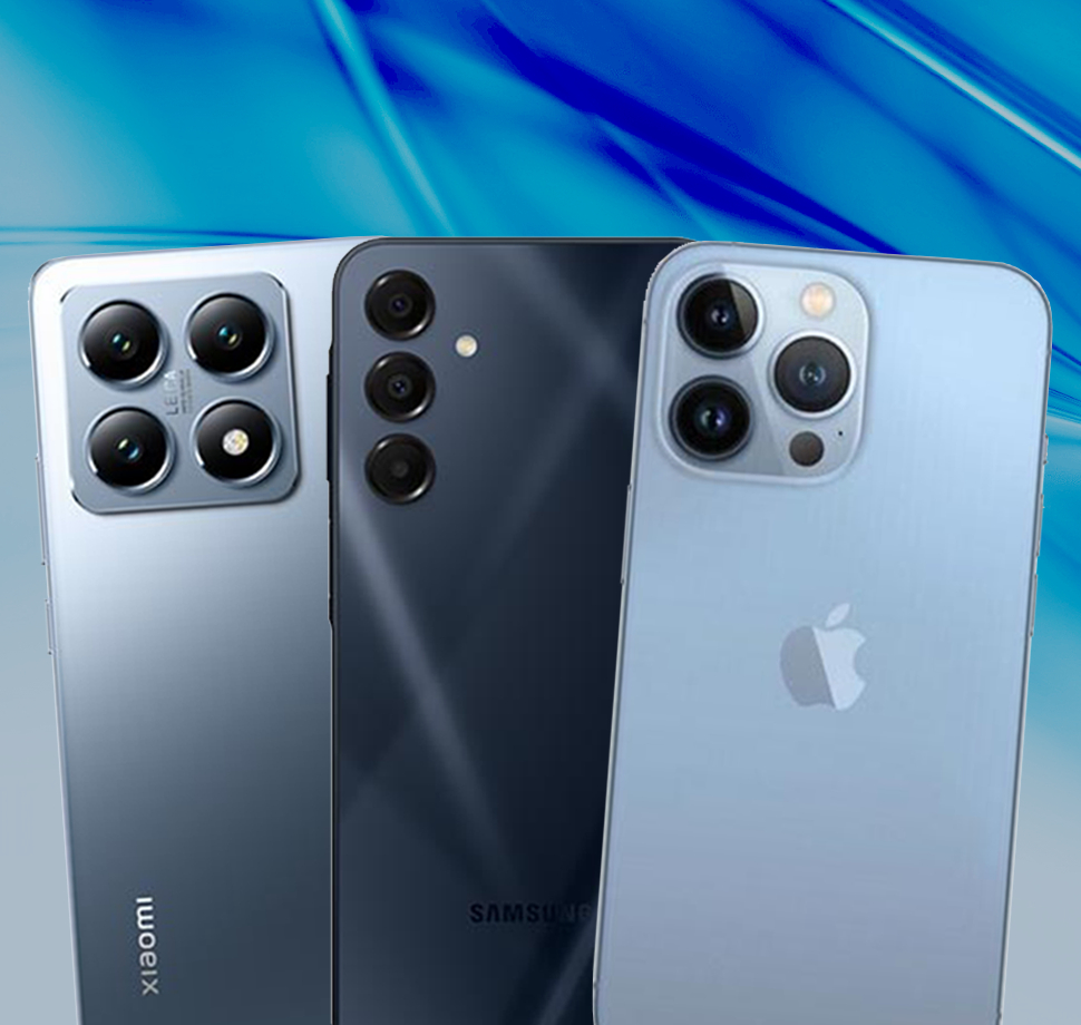 Drei Smartphones in blau.