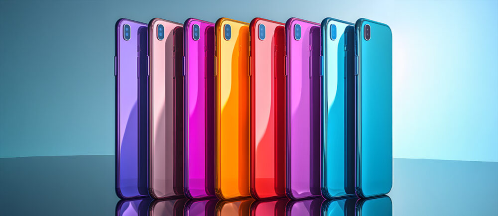 Eine Reihe von bunten Smartphones.