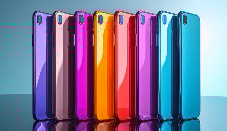 Eine Reihe von bunten Smartphones.