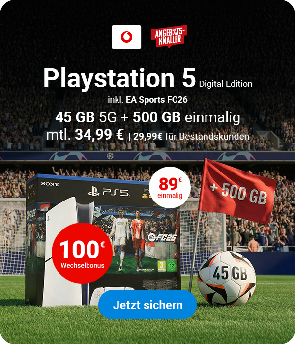 PS5 Digital Edition inkl. EA SPORTS FC 26 + Smart Lite mit 45GB + 500 GB einmalig mtl. 34,99� und 100� Wechselbonus