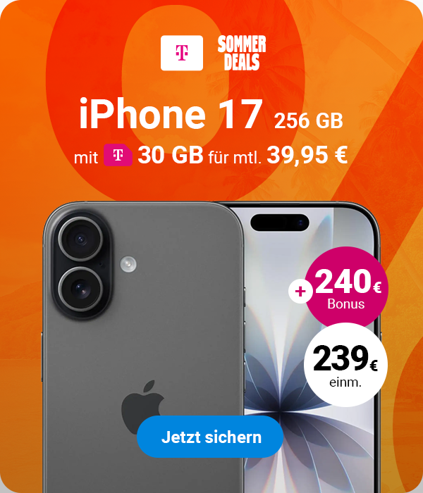 Sommer Deals | iPhone 17 256 GB mit 30 GB für mtl. 39,95 € mit 240 € Bonus und 299€ einm