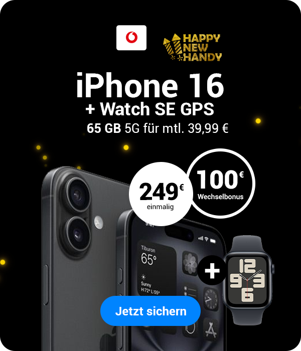 Silvesterangebote bei Handytick! Apple iPhone 16 + Apple Watch SE GPS mit Unlimited GB 5G Datenvolumen f�r mtl. 39,99� | 249 � einmalig und 100� Wechselbonus nur f�r kurze Zeit