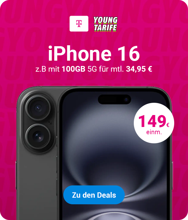 Telekom Young Tarife - iPhone 16 z.B. mit 100 GB 5G fr mtl. 34,95 ab einm. 149 