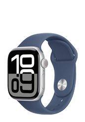Apple Watch Series 10 GPS + Cellular Silver Aluminium, Denim Sport Band M/L, MWX43QF/A, 42mm