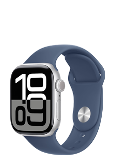 Apple Watch Series 10 GPS + Cellular Silver Aluminium, Denim Sport Band M/L, MWX43QF/A, 42mm