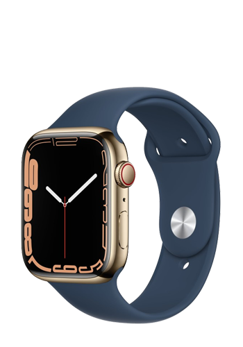 Apple Watch Series 7 Edelstahl GPS + Cellular Gold, Sportarmband Abyss Blue, MN9M3FD/A, 45mm