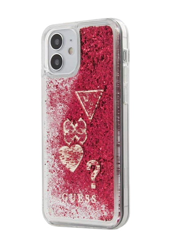 GUESS Hard Cover Glitter Charm Raspberry, für Apple iPhone 12 Mini, GUHCP12SGLHFLRA
