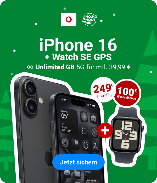 Weihnachtsangebote bei Handytick! Apple iPhone 16 + Apple Watch SE GPS mit Unlimited GB 5G Datenvolumen fr mtl. 39,99 | 249  einmalig und 100 Wechselbonus nur fr kurze Zeit